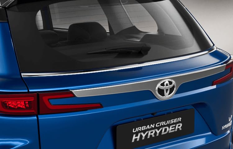 Close-up view of Chrome Rear Trunk Garnish for the Hyryder, highlighting triple chrome-plated ABS trim around logo