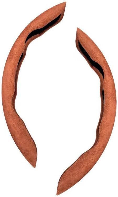Automaze suede brown steering wheel cover pair with slim-fit non-slip ABS base design.