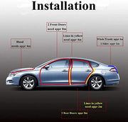 D-Shape Car Door Weatherstrip Seal installation guide showing door, hood and trunk coverage