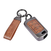 Mahindra Flip Key Cover close-up with leather strap and metal frame