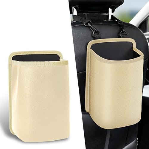 Beige Automaze waterproof car seat organizer storage bag hanging on headrest