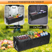 Car Trunk Organizer used for groceries, drinks and travel essentials in car trunk and passenger seat