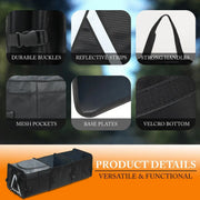 Automaze Car Boot Organiser featuring durable buckles, reflective strips, strong handles, mesh pockets and sturdy base plates
