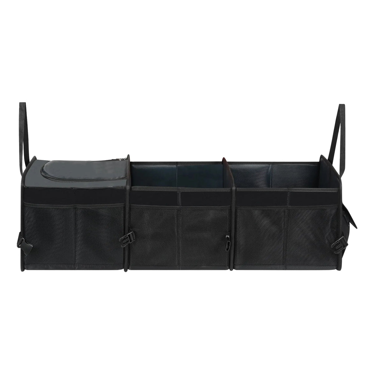 Car Trunk Organizer with insulated cooler compartment, storage pockets and securing straps for SUV and car