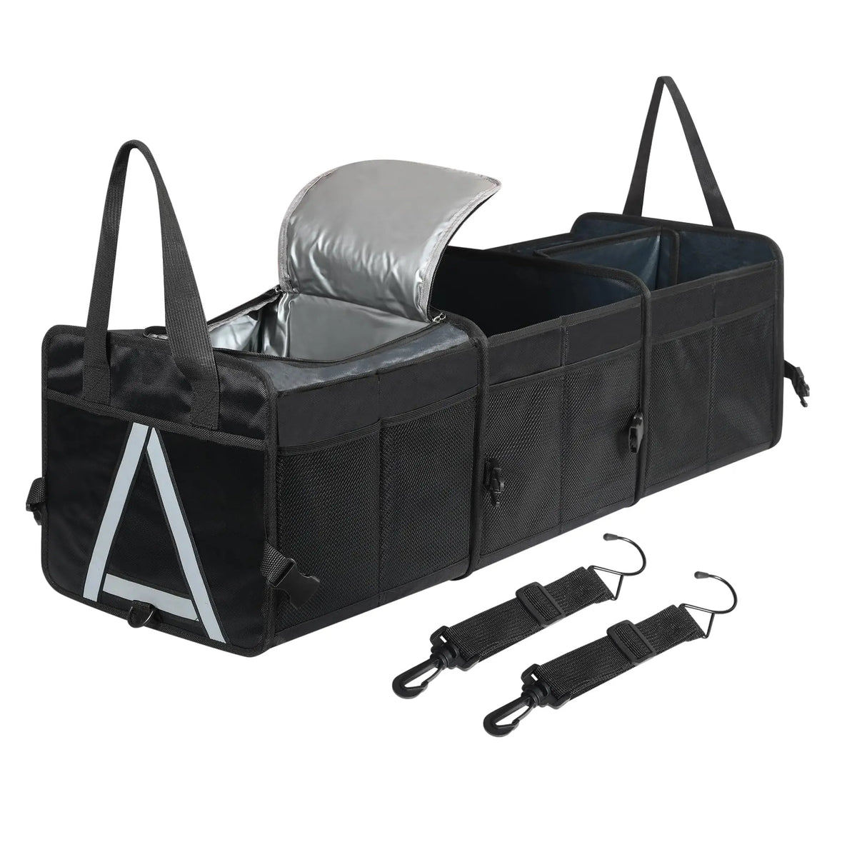 Car Trunk Organizer with insulated cooler compartment, storage pockets and securing straps for SUV and car