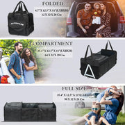 Foldable Car Trunk Storage Box showing compact folded size, two-compartment mode and full-size configuration