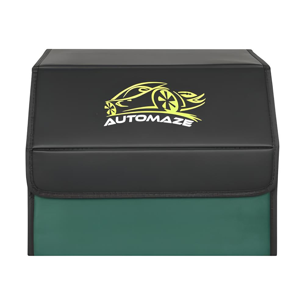 car trunk organizer front view with automaze logo and leather finish