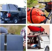 Automaze tie-down straps secure pickup truck cargo, motorcycle luggage, and roof rack loads.