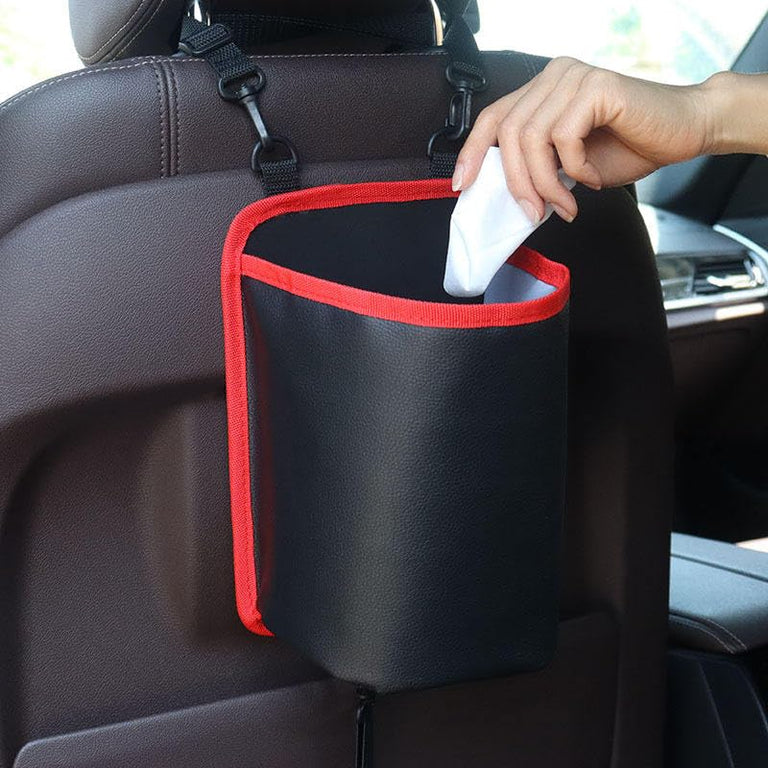 Automaze black backseat storage bag with red lining tissue holder use