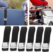 Automaze tie-down straps securing luggage and kayak on car roof rack.