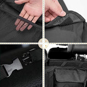 Premium Car Backseat Organizer close-up showing durable Oxford fabric mesh pockets and buckle straps