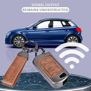 Mahindra Flip Key Cover close-up with leather strap and metal frame