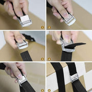 Step-by-step use of the Automaze cam buckle tie-down strap for tightening cargo.