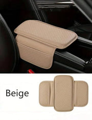 Beige leather Car Armrest Cover installed on car center console with side pockets