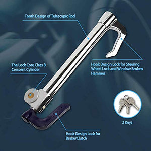 Automaze Universal Steering Wheel Brake Lock with Adjustable Length, Double Protection Extendable Steering Wheel and Clutch Brake Lock