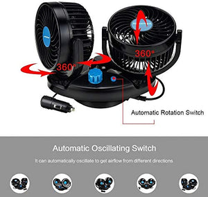 Automaze 12V Car Cooling Fan Oscillating Fan with Dual Head 2 Adjustable Speeds for Sedan SUV RV Boat Auto Vehicles Golf Cart