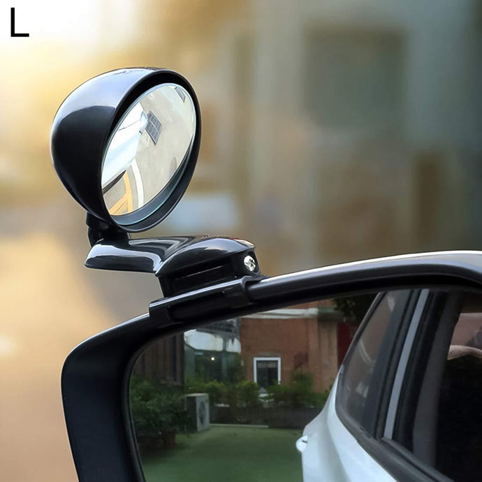 Adjustable blind spot mirror on car side mirror, white car & black spot mirror