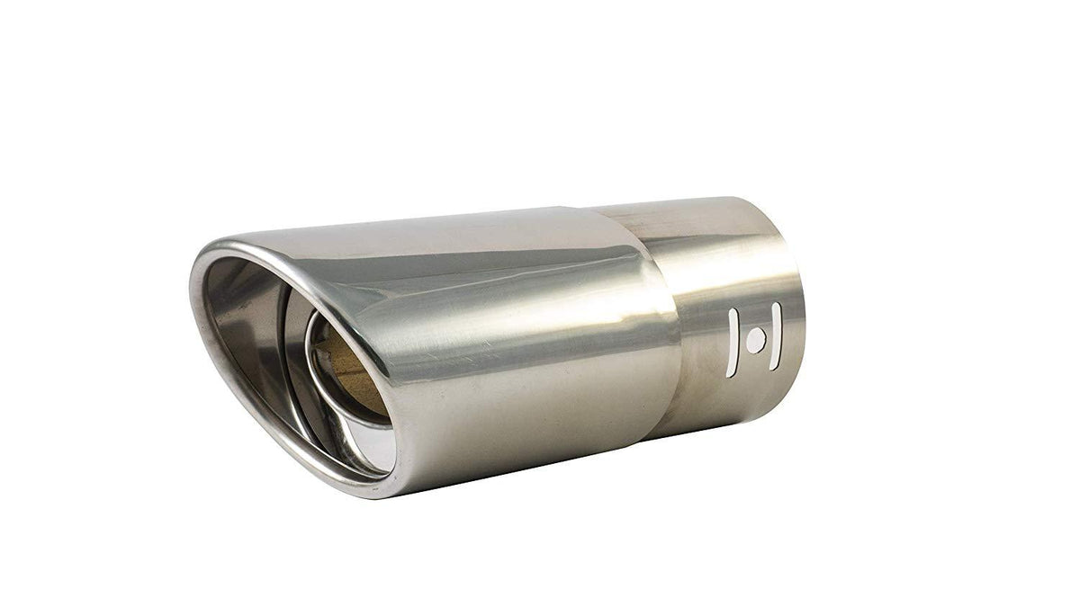 A shiny, oval-shaped chrome or stainless steel car exhaust muffler tip.