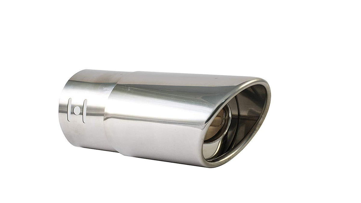 A shiny, oval-shaped chrome or stainless steel car exhaust muffler tip.