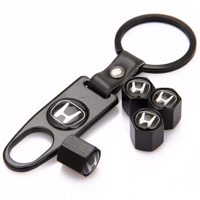 Honda Four Tyre valve cap with keychain in Black Colour