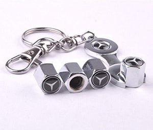 Mercedes Four Tyre valve cap with keychain in Chrome Colour