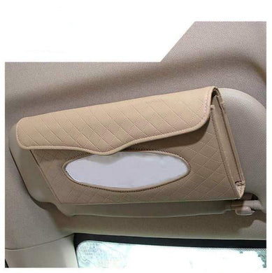 Beige Sun visor type tissue box holder installed on car seat backside