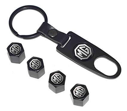 Black mg tyre valve cap with keychain for all mg cars