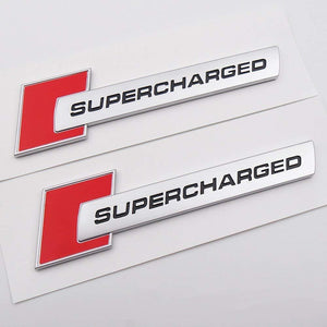 Supercharged 3d logo in red colour for bmw car