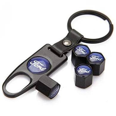 Ford Four Tyre valve cap with keychain in black colour
