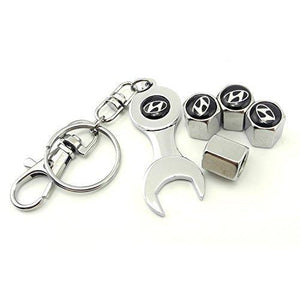 Hyundai Four Tyre valve cap with keychain in Chrome Colour