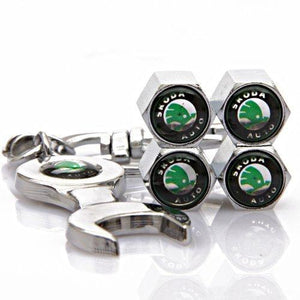 Skoda Four Tyre valve cap with keychain in Stainless Steel