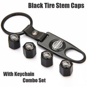 Nissan Four Tyre valve cap with keychain in black Colour
